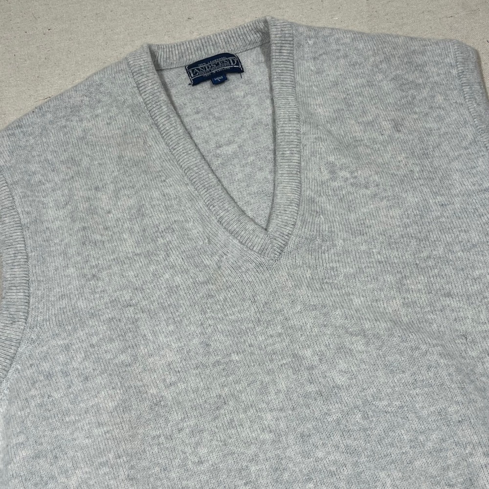 Lands End Lambswool Sweater Vest Mens Large V-Neck Sleeveless Gray Knit *FLAW